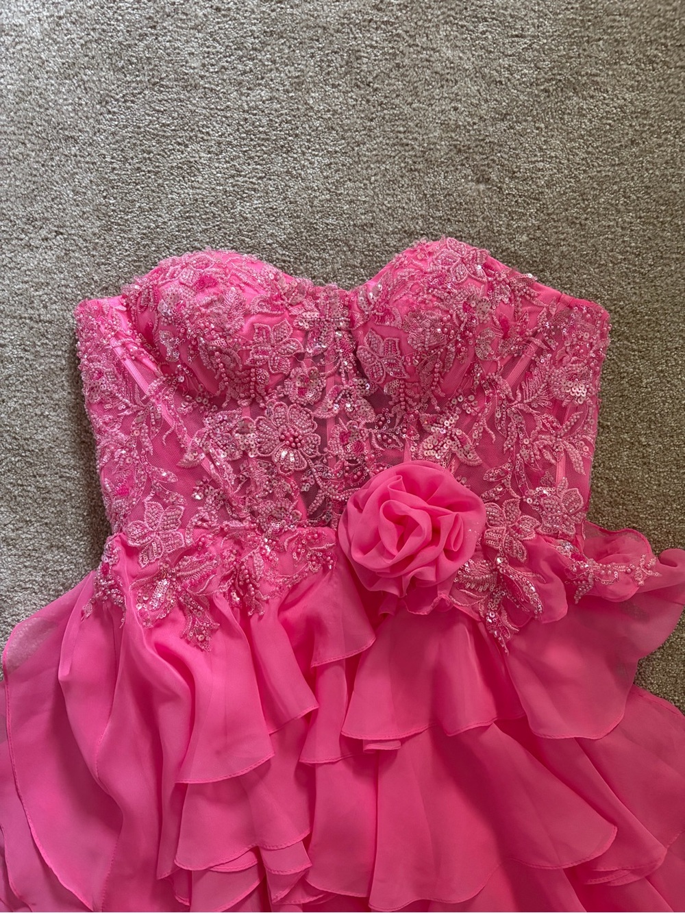 Strapless Hot Pink Ruffled Prom Dress - Picture 2 of 3